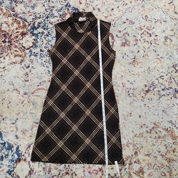 90s Y2K G.A.S. Metallic Plaid Brown Mockneck Mini Dress Size Medium - Picture 12 of 12
